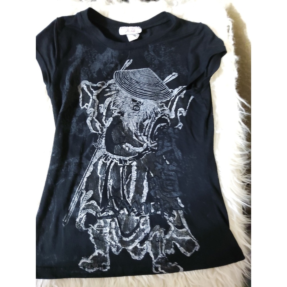 Rachel Kids Black Graphic Tee Samurai Warrior Silver Print Size Small